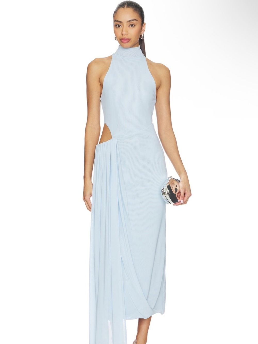 MISHA COLLECTION Sipario Blue Cutout Draped Evening Dress